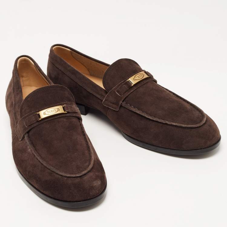 مملوكة مسبقًا Tod's Dark Brown Suede Logo Plaque Loafers Size 42.5 