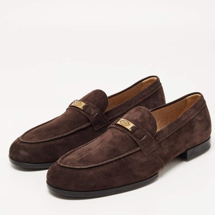مملوكة مسبقًا Tod's Dark Brown Suede Logo Plaque Loafers Size 42.5 