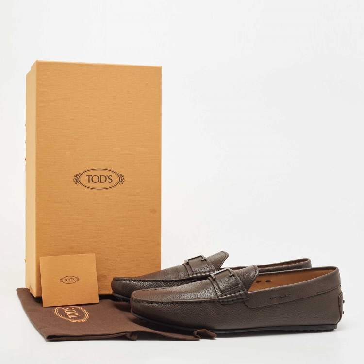Pre Owned Tod's Brown Leather T Logo Slip On Loafers Size 44.5