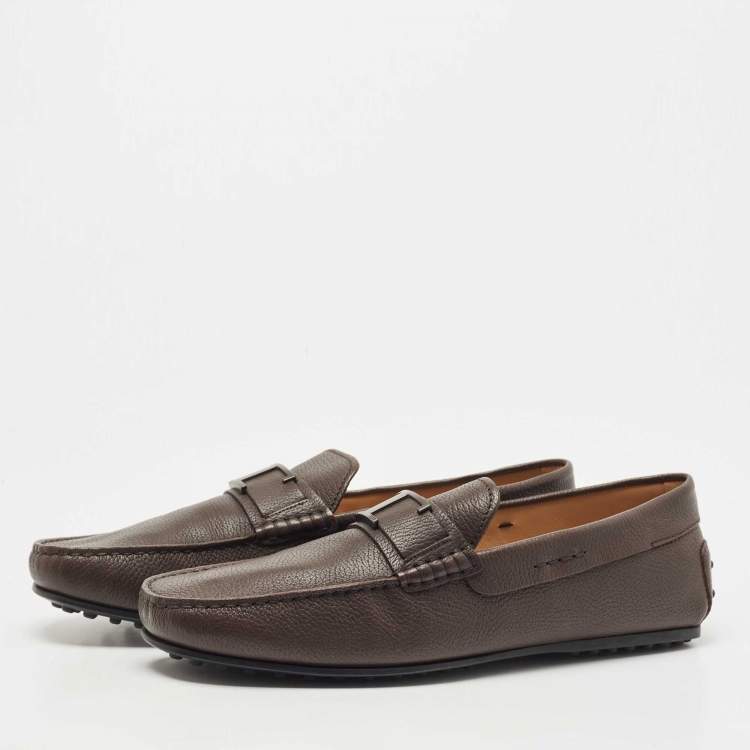 Pre Owned Tod's Brown Leather T Logo Slip On Loafers Size 44.5