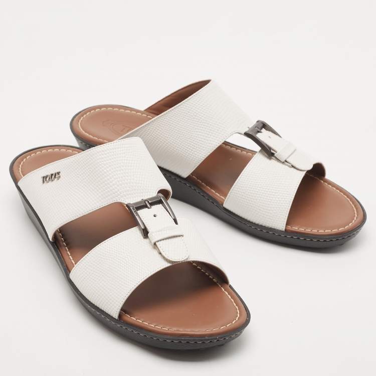 Pre Owned Tod's White Lizard Embossed Leather Buckle Detail Slide Sandals Size 44