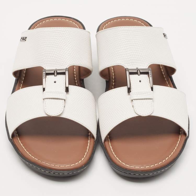 Pre Owned Tod's White Lizard Embossed Leather Buckle Detail Slide Sandals Size 44