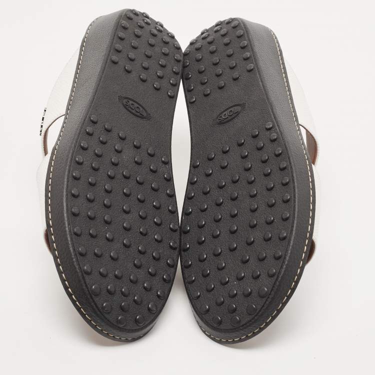 Pre Owned Tod's White Lizard Embossed Leather Buckle Detail Slide Sandals Size 44