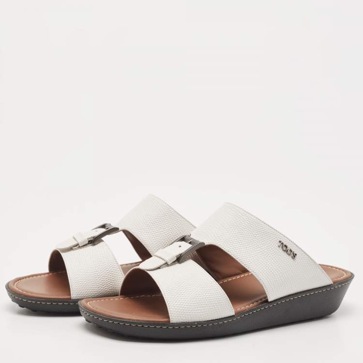 Pre Owned Tod's White Lizard Embossed Leather Buckle Detail Slide Sandals Size 44