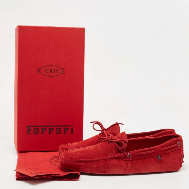 Pre Owned Tod's For Ferrari Red Suede Bow Slip On Loafers Size 45.5