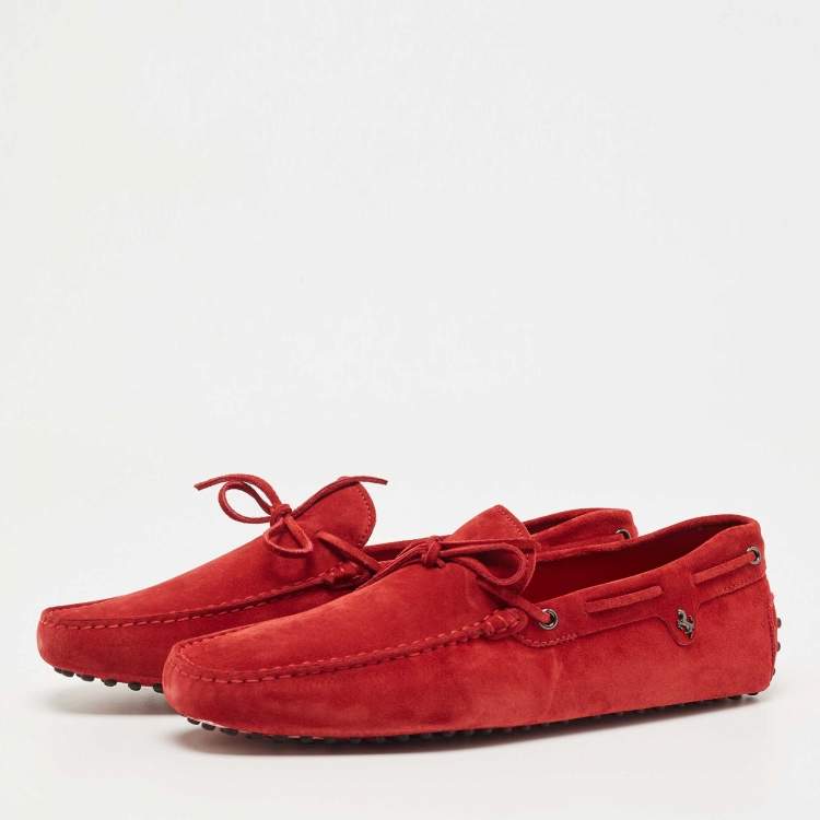 Pre Owned Tod's For Ferrari Red Suede Bow Slip On Loafers Size 45.5