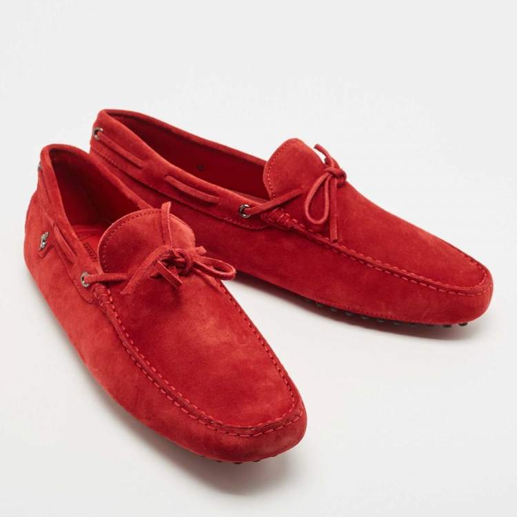 Pre Owned Tod's For Ferrari Red Suede Bow Slip On Loafers Size 45.5