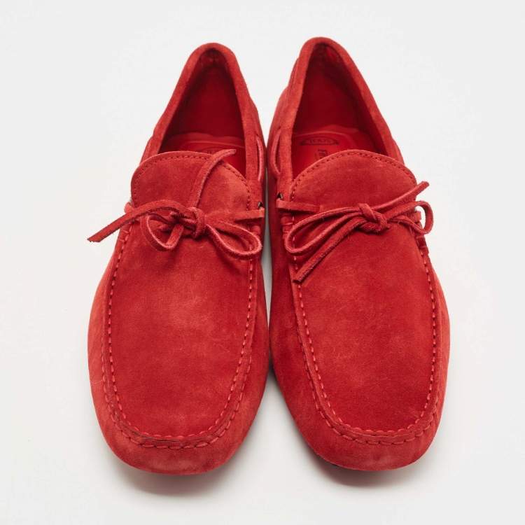 Pre Owned Tod's For Ferrari Red Suede Bow Slip On Loafers Size 45.5