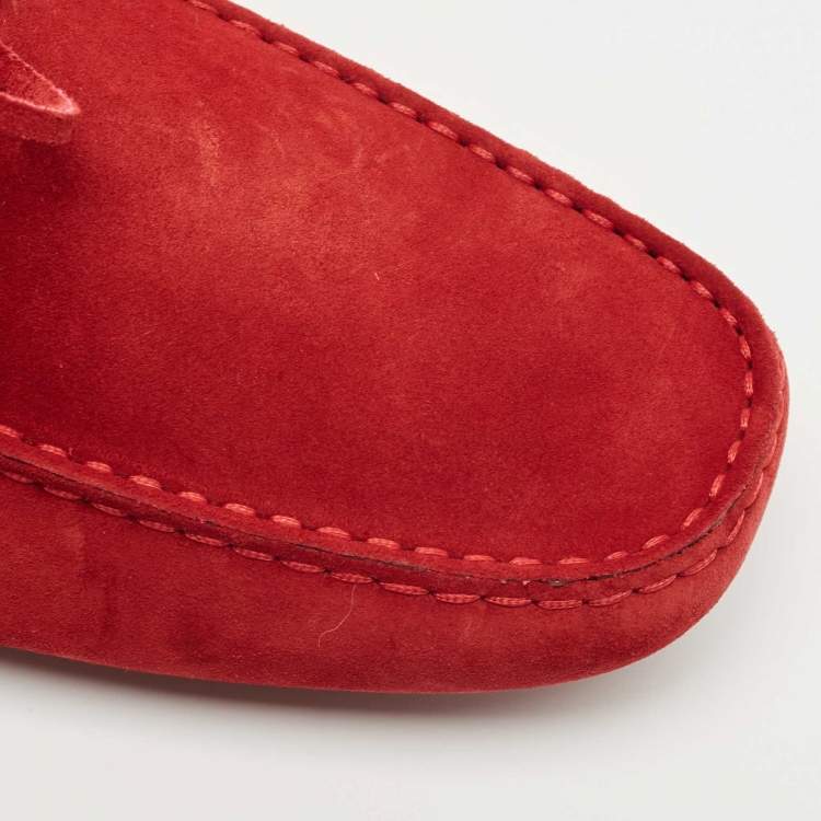 Pre Owned Tod's For Ferrari Red Suede Bow Slip On Loafers Size 45.5