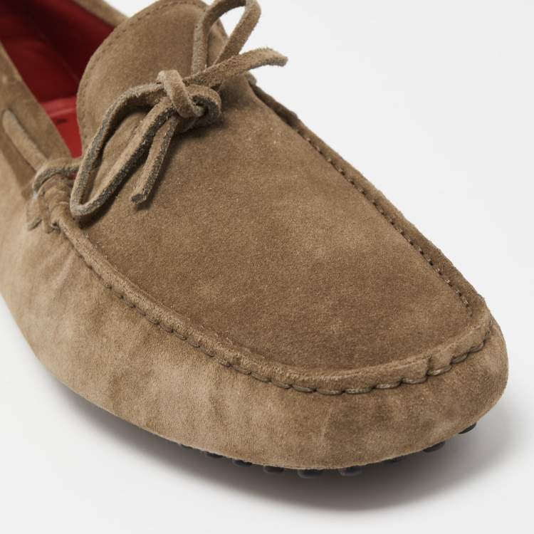 Pre Owned Tod's For Ferrari Olive Green Suede Bow Slip On Loafers Size 45.5