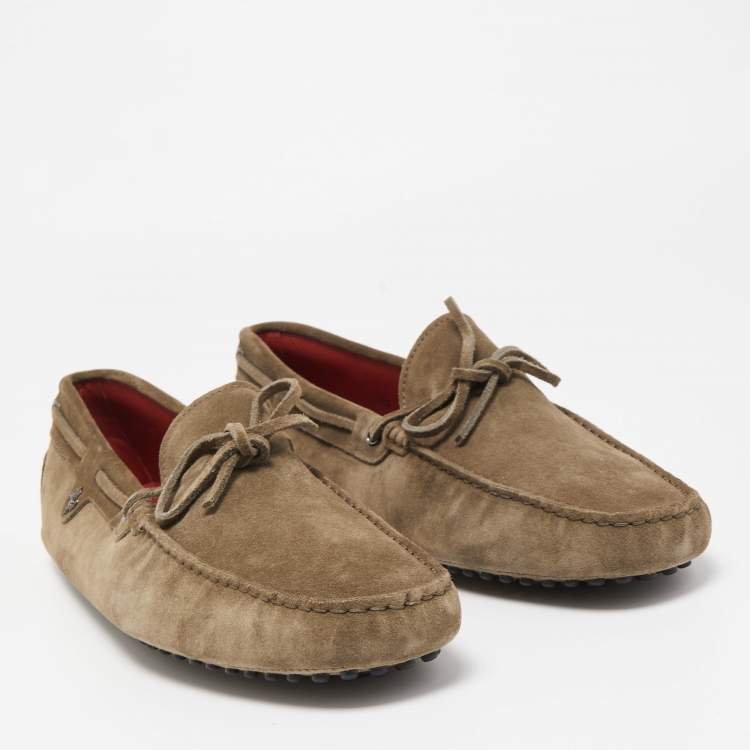 Pre Owned Tod's For Ferrari Olive Green Suede Bow Slip On Loafers Size 45.5