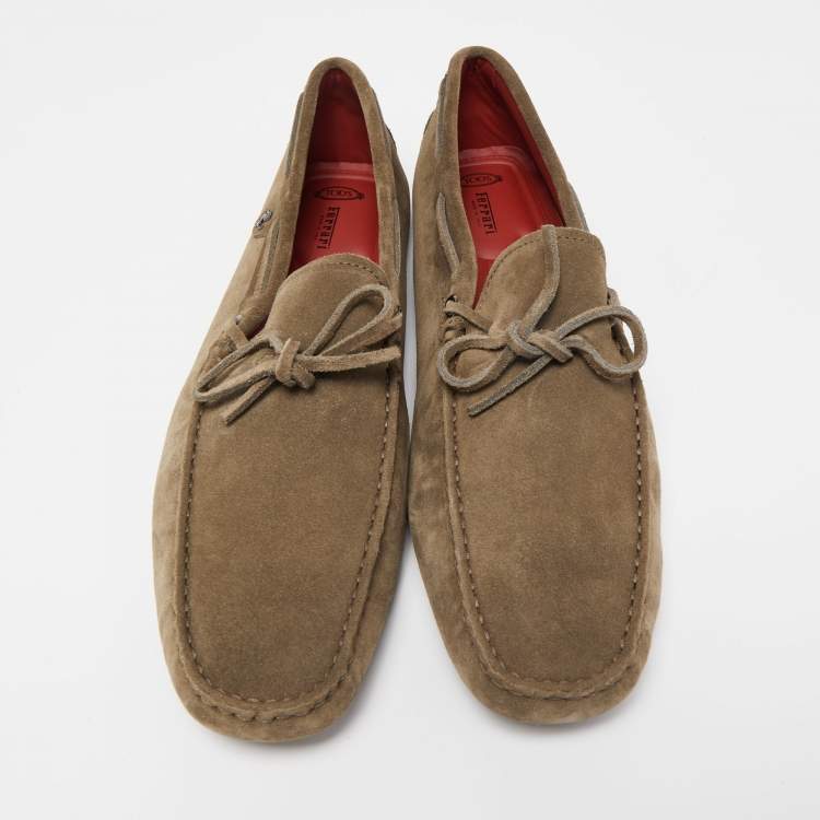 Pre Owned Tod's For Ferrari Olive Green Suede Bow Slip On Loafers Size 45.5