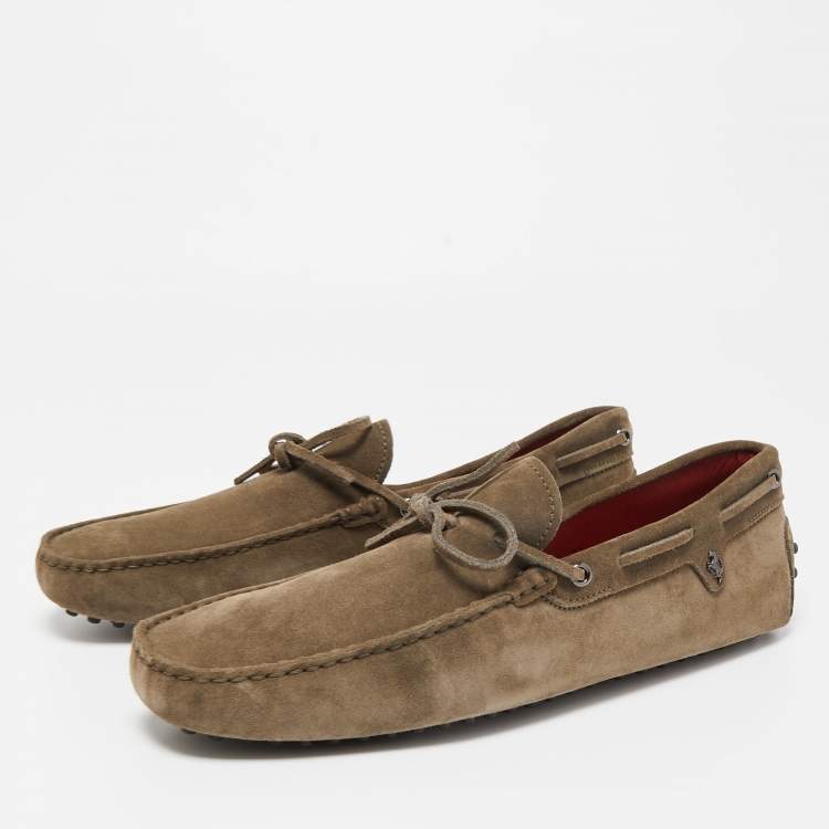 Pre Owned Tod's For Ferrari Olive Green Suede Bow Slip On Loafers Size 45.5
