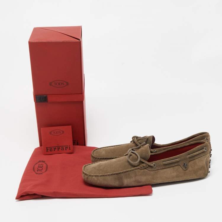 Pre Owned Tod's For Ferrari Olive Green Suede Bow Slip On Loafers Size 45.5