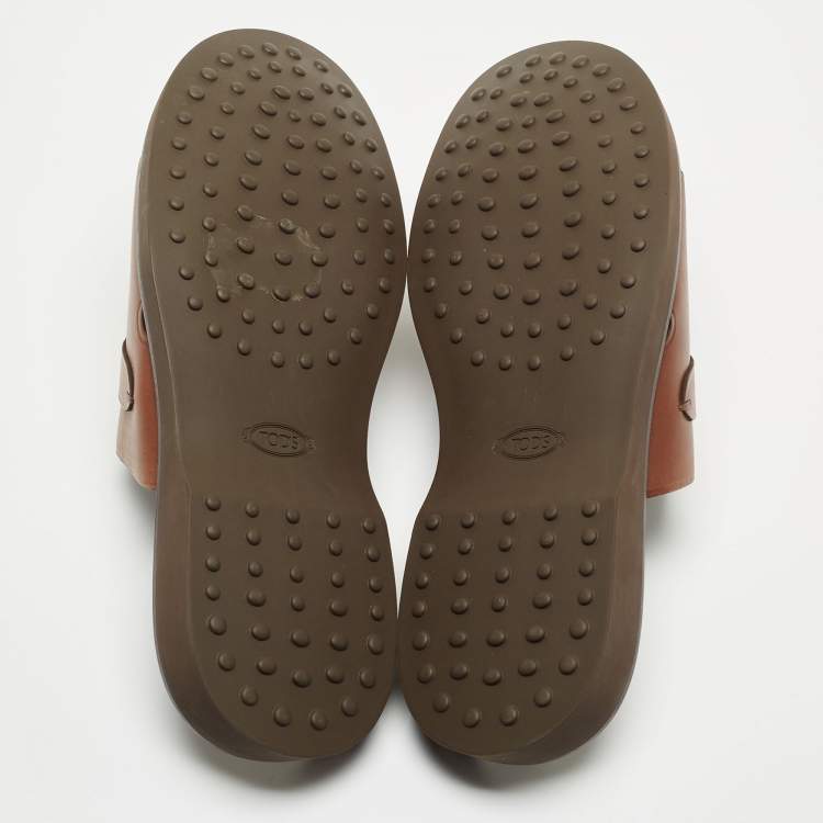 Pre Owned Tod's Brown Leather Slide Sandals Size 45.5