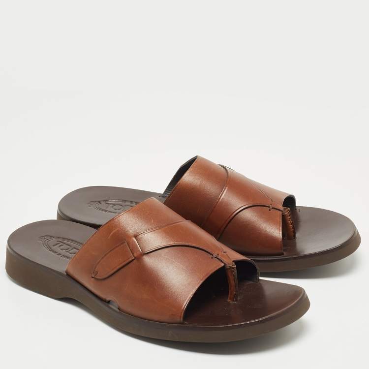 Pre Owned Tod's Brown Leather Slide Sandals Size 45.5