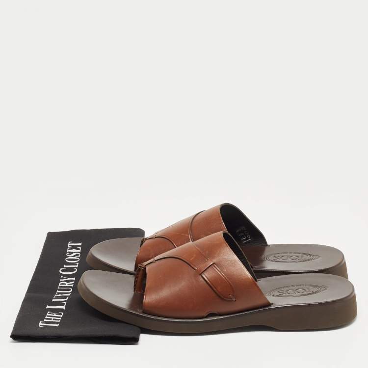 Pre Owned Tod's Brown Leather Slide Sandals Size 45.5