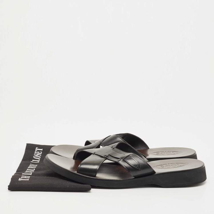 Pre Owned Tod's Black Leather Crossed Strap Slider Sandals Size 45.5