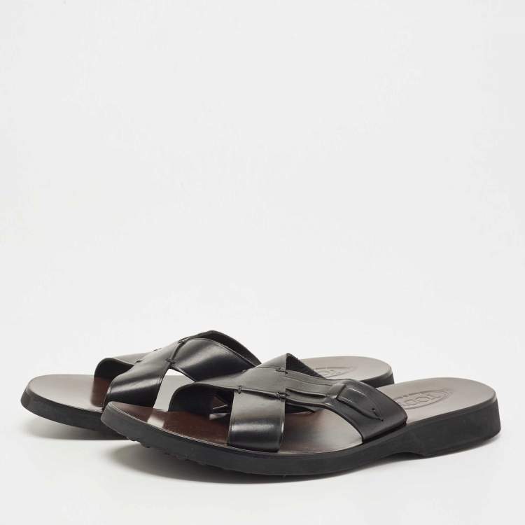 Pre Owned Tod's Black Leather Crossed Strap Slider Sandals Size 45.5
