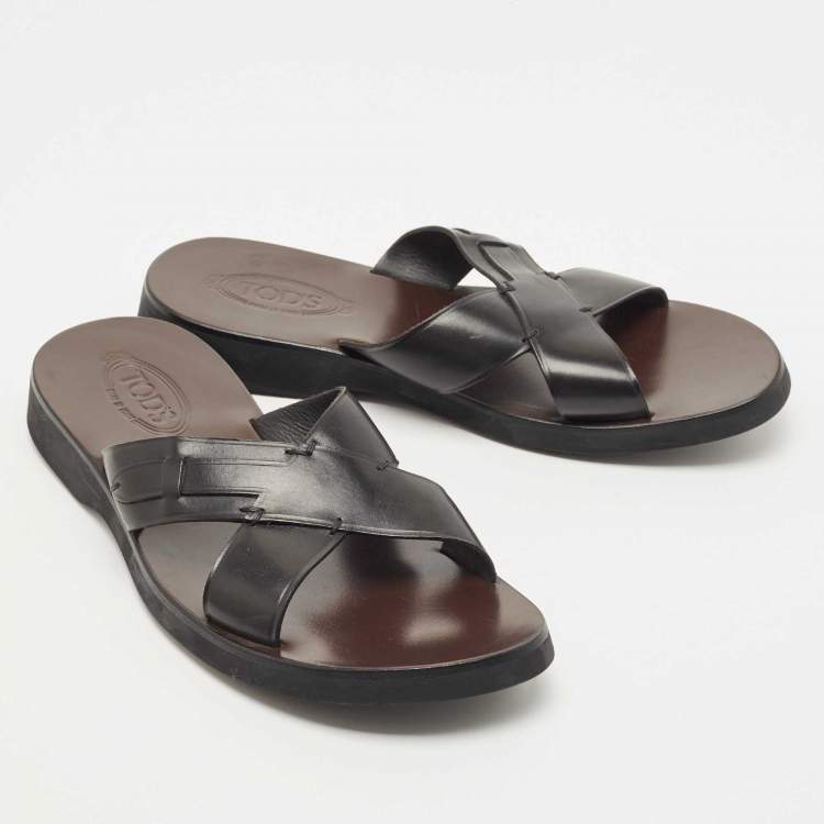 Pre Owned Tod's Black Leather Crossed Strap Slider Sandals Size 45.5