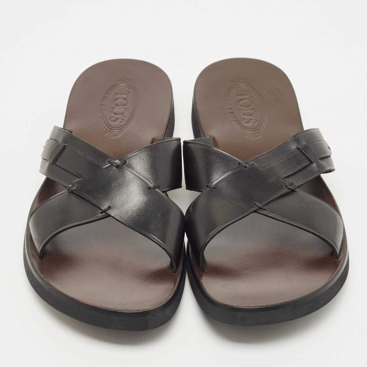 Pre Owned Tod's Black Leather Crossed Strap Slider Sandals Size 45.5