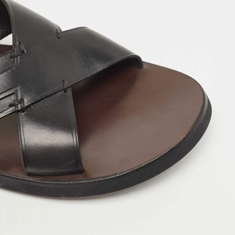 Pre Owned Tod's Black Leather Crossed Strap Slider Sandals Size 45.5
