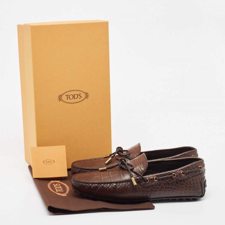 Pre Owned Tod's Brown Croc Embossed Leather Bow Slip On Loafers Size 44