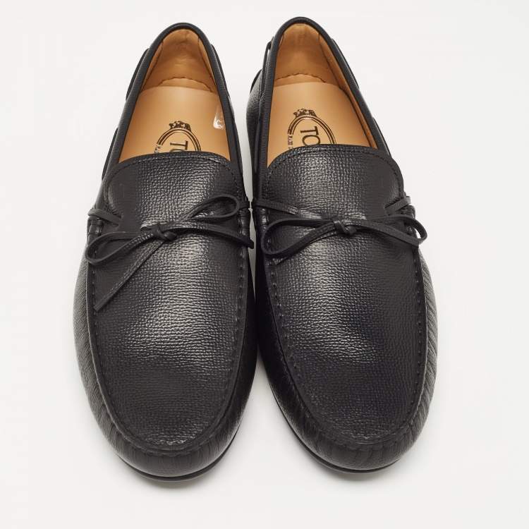Pre Owned Tod's Black Leather City Gommino Bow Loafers Size 45.5