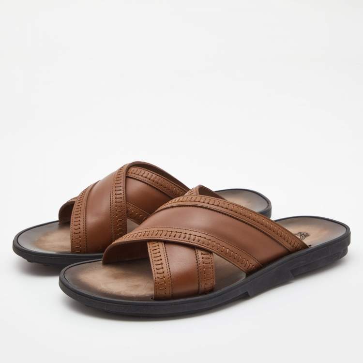 Pre Owned Tod's Brown Leather Cross Strap Flat Sandals Size 40