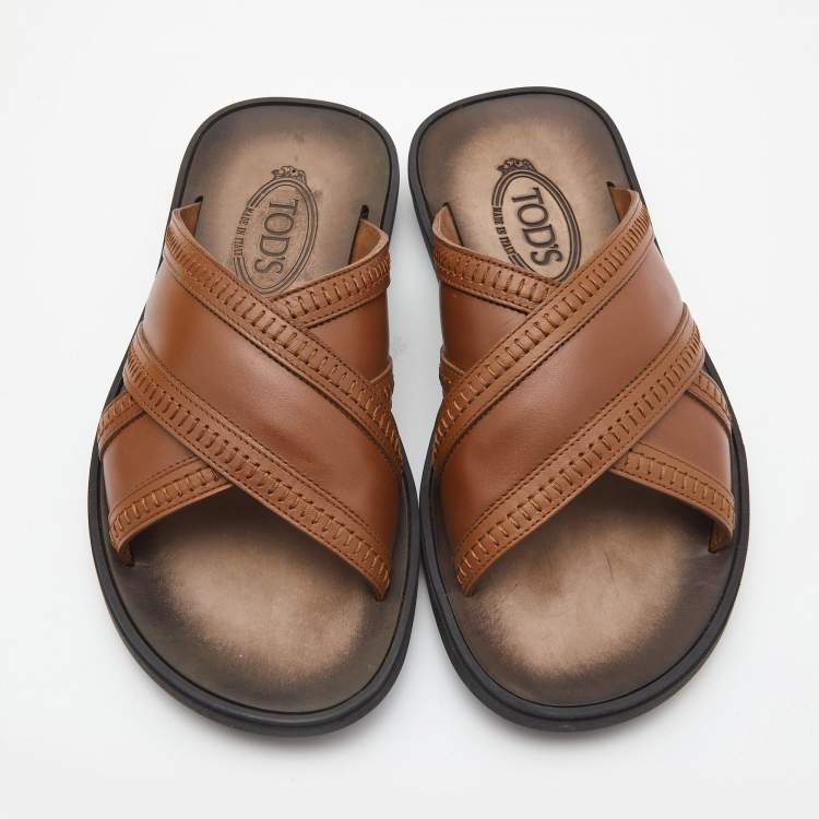 Pre Owned Tod's Brown Leather Cross Strap Flat Sandals Size 40