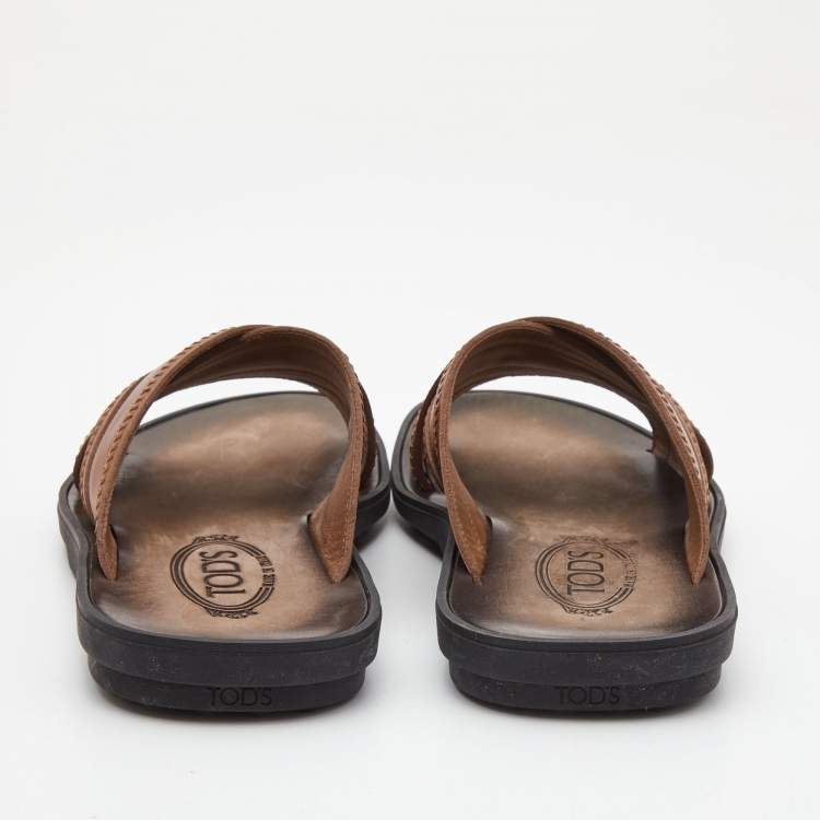 Pre Owned Tod's Brown Leather Cross Strap Flat Sandals Size 40