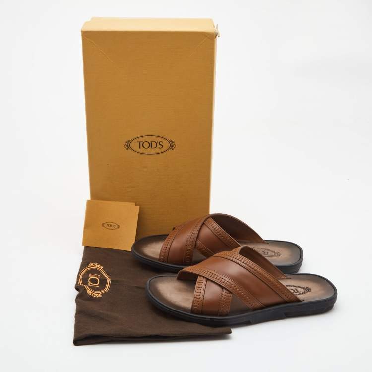 Pre Owned Tod's Brown Leather Cross Strap Flat Sandals Size 40