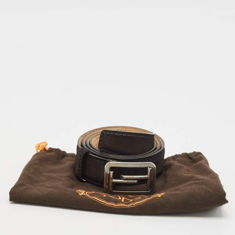 Pre Owned Tod's Dark Brown Suede Double T Buckle Belt 95CM
