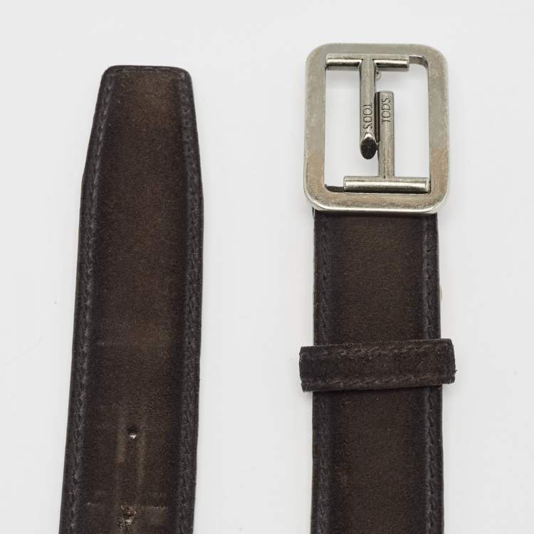 Pre Owned Tod's Dark Brown Suede Double T Buckle Belt 95CM