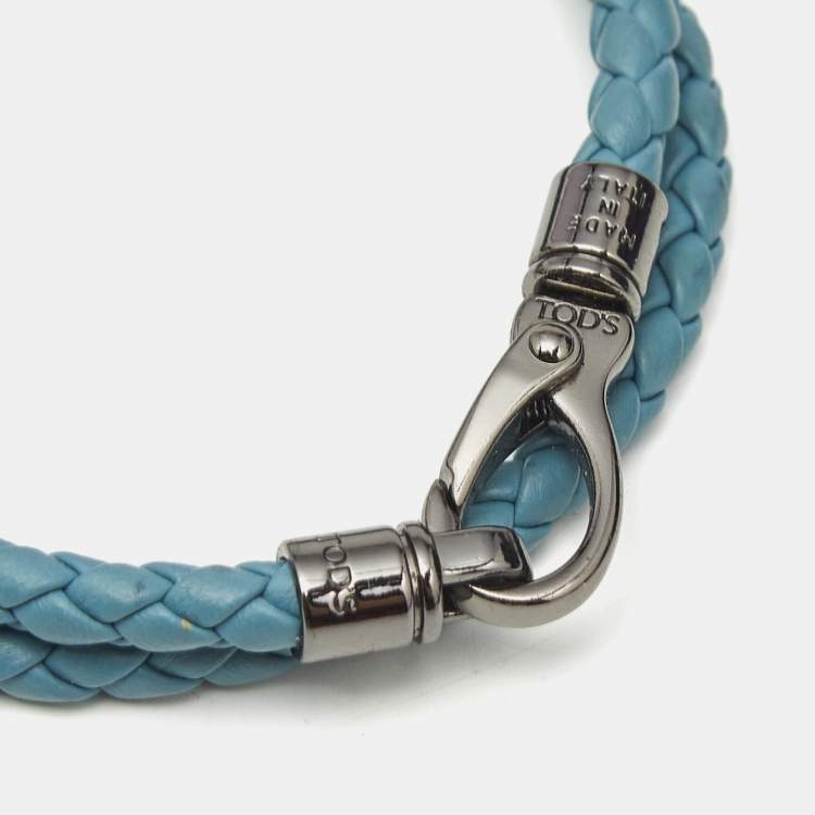 Pre Owned Tod's MyColors Blue Leather Gunmetal Tone Wrap Bracelet