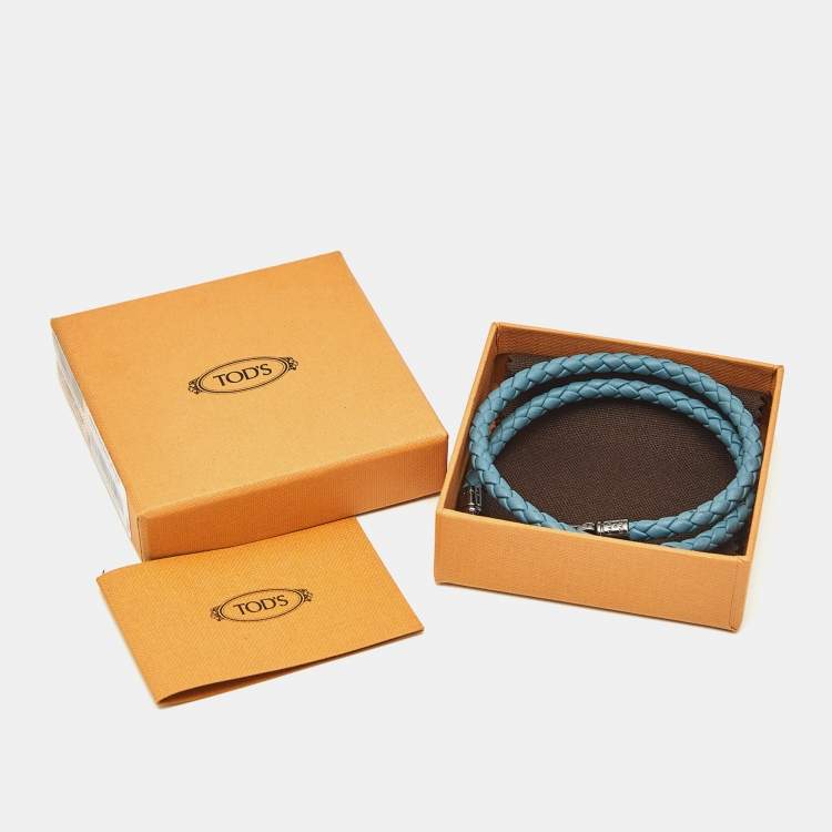 Pre Owned Tod's MyColors Blue Leather Gunmetal Tone Wrap Bracelet