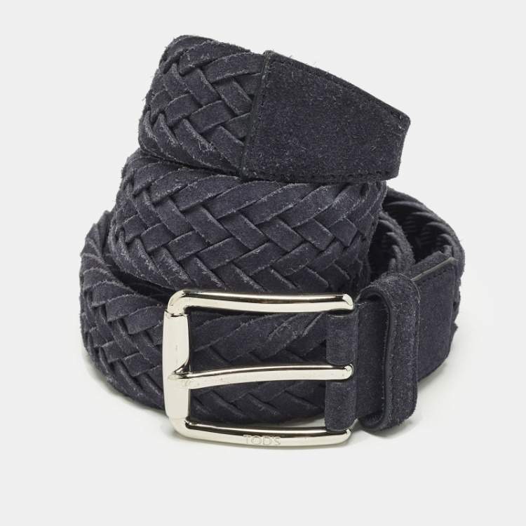 Pre Owned Tod's 95 CM Buckle Belt Navy Blue Woven Suede