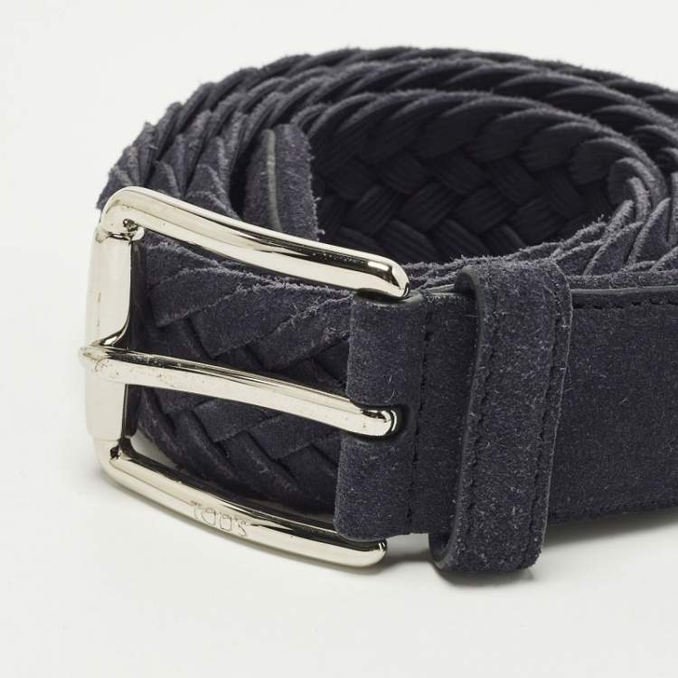 Pre Owned Tod's 95 CM Buckle Belt Navy Blue Woven Suede