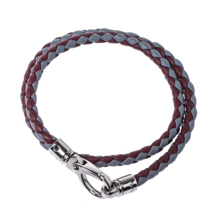 Pre Owned Tod's Mycolors Bicolor Woven Leather Silver Tone Double Wrap Bracelet        