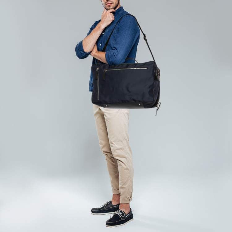 Pre Owned Tod's Blue/Black Nylon And Leather Zip Convertible Briefcase/Backpack