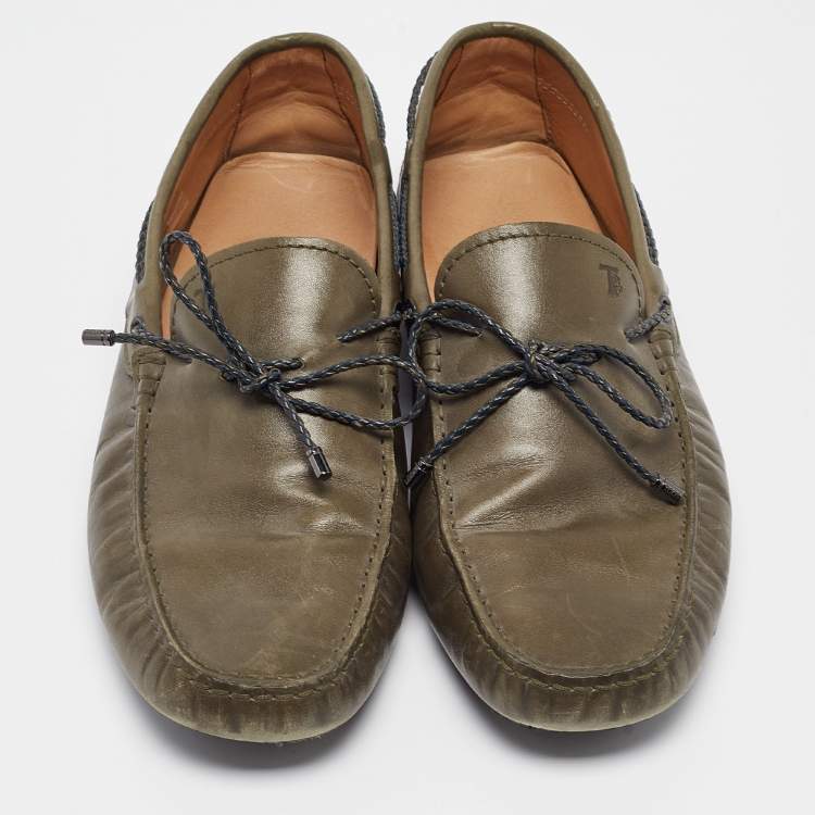 Pre Owned Tod's Dark Green Leather Bow Loafers Size 43