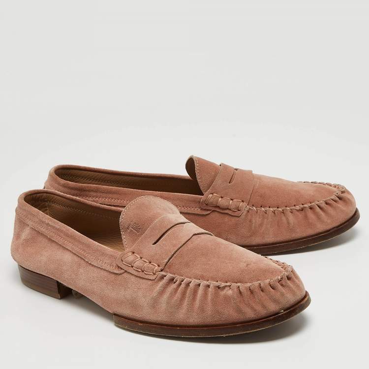 Pre Owned Tod's Pink Suede Penny Loafers Size 44.5