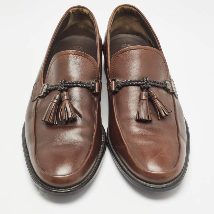 Pre Owned Tod's Brown Leather Fringe Tassel Loafers Size 42.5