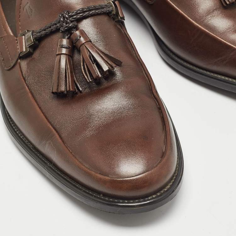 Pre Owned Tod's Brown Leather Fringe Tassel Loafers Size 42.5
