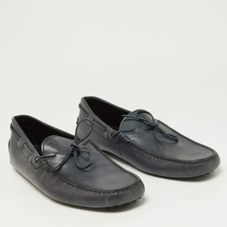 Pre Owned  Tod's Blue Leather Gommino Bow Slip On Loafers Size 47