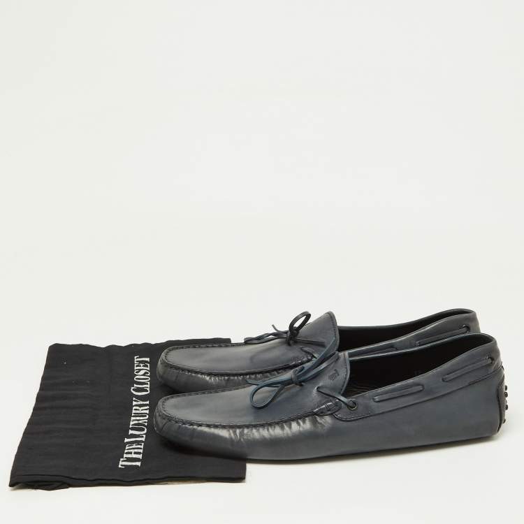 Pre Owned  Tod's Blue Leather Gommino Bow Slip On Loafers Size 47