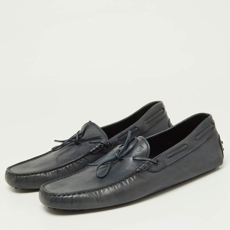 Pre Owned  Tod's Blue Leather Gommino Bow Slip On Loafers Size 47