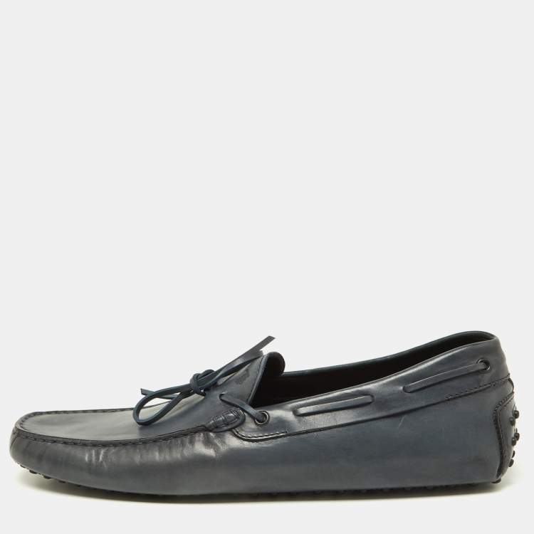 Pre Owned  Tod's Blue Leather Gommino Bow Slip On Loafers Size 47