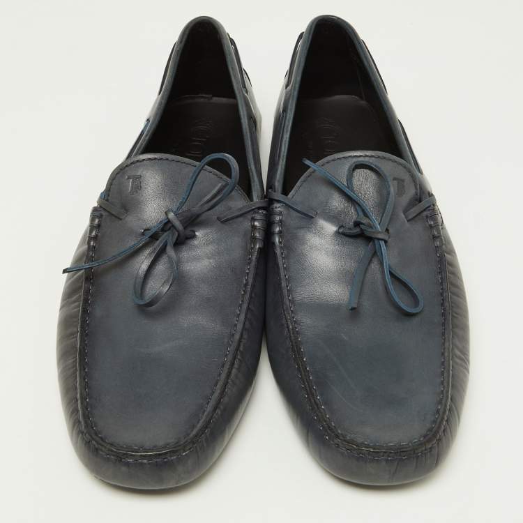 Pre Owned  Tod's Blue Leather Gommino Bow Slip On Loafers Size 47
