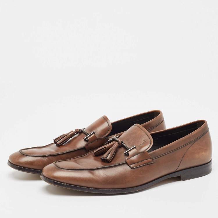 Pre Owned Tods Brown Leather Tassel Slip On Loafers Size 44.5